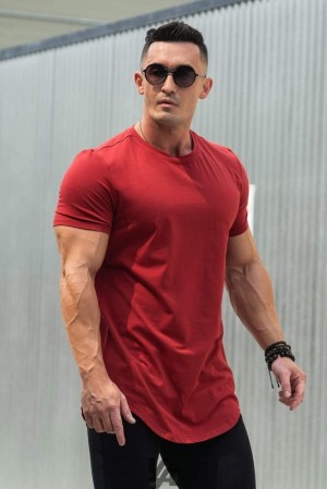 Camisas YoungLA Perfect Tee Scallop Bottom Hombre Rojas Oscuro | 81UQPMGKY