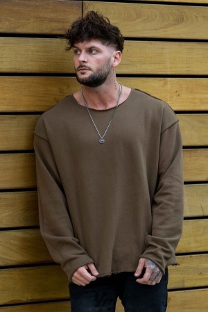 Camisas YoungLA Terry Raw Cut Reversible Longsleeves Hombre Verde Oliva Azules | 40YTQWIJF