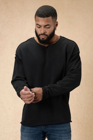 Camisas YoungLA Terry Raw Cut Reversible Longsleeves Hombre Negras Azules | 29RHTMOSW