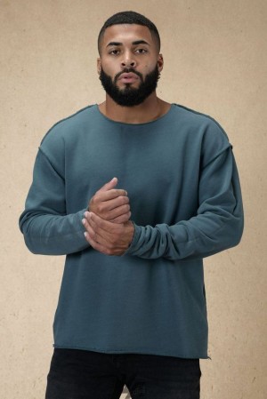 Camisas YoungLA Terry Raw Cut Reversible Longsleeves Hombre Turquesa Oscuro Azules | 23PGJSEQK