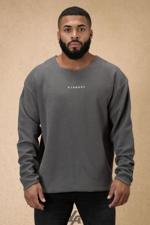 Camisas YoungLA Terry Raw Cut Reversible Longsleeves Hombre Gris Azules | 05GHRQSIZ