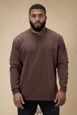 Camisas YoungLA Trademark Longsleeves Hombre Marrones Azules | 42QUVDTXI