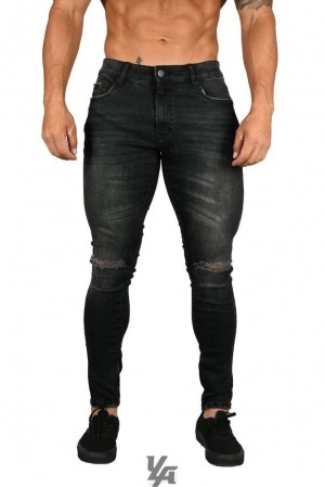 Pantalon YoungLA Distressed Denim Jeans Hombre Negras Azules | 78JHDUPNT