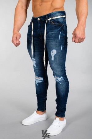 Pantalon YoungLA Extra Distressed Denim Jeans Hombre Azules | 34ESOWZGC