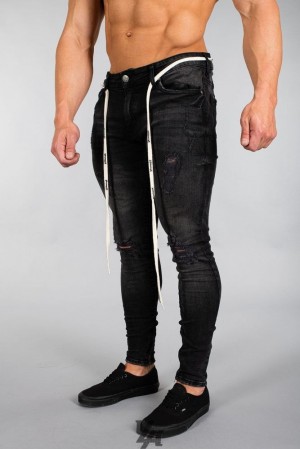 Pantalon YoungLA Extra Distressed Denim Jeans Hombre Negras Azules | 69LFETAMD