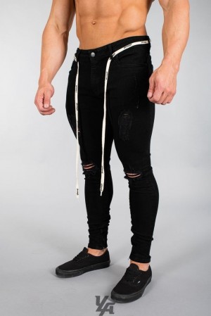 Pantalon YoungLA Extra Distressed Denim Jeans Hombre Negras | 61BHSWTYN