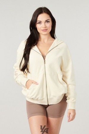 Ropa De Abrigo YoungLA Emblem Zip Up Hoodie Mujer Beige | 73LAUPNSK