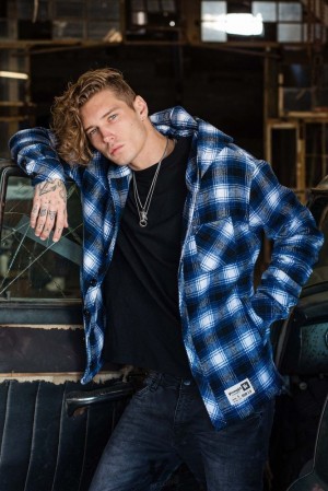 Ropa De Abrigo YoungLA Hooded Flannels Hombre Azules | 52HKOYBTR