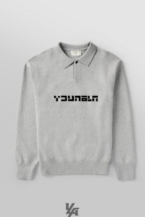 Ropa De Abrigo YoungLA Knitted Polo Longsleeves Hombre Gris | 57TPOVDFL