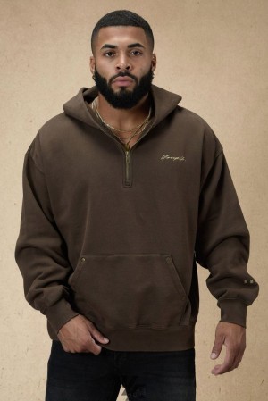 Ropa De Abrigo YoungLA Rivet Quarter Zip Hoodie Hombre Marrones Azules | 92IXEYUNT
