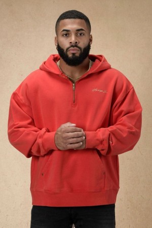 Ropa De Abrigo YoungLA Rivet Quarter Zip Hoodie Hombre Rojas | 13IZCUJYF