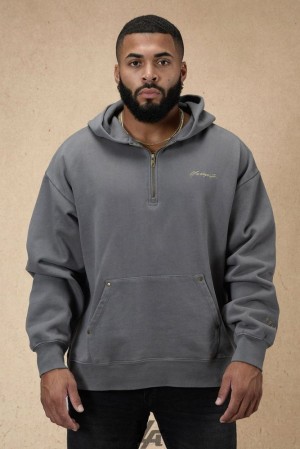 Ropa De Abrigo YoungLA Rivet Quarter Zip Hoodie Hombre Gris Azules | 87ZOIMBDJ