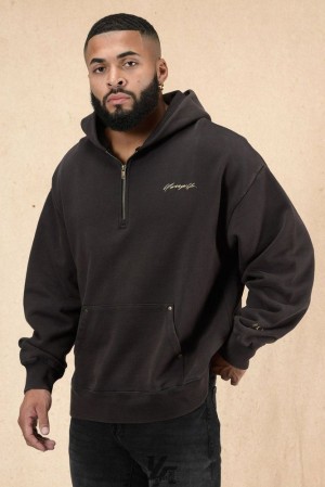 Ropa De Abrigo YoungLA Rivet Quarter Zip Hoodie Hombre Negras Azules | 63PQAZRGY