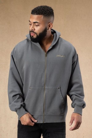 Ropa De Abrigo YoungLA Rivet Zipup Hoodies Hombre Gris Azules | 58CIEWSPA