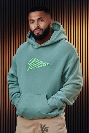 Ropa De Abrigo YoungLA Wavy Hoodies Hombre Verde Oliva | 98WFMHPAN