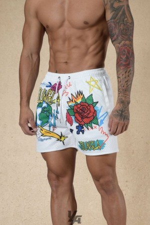 Short YoungLA Graffiti Shorts Hombre Blancas | 83QFKXZNT