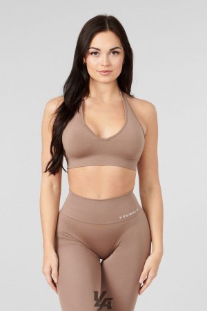 Sujetador Deportivo YoungLA Core Seamless Halter Sports Bra Mujer Marrones | 45VOJTFIG