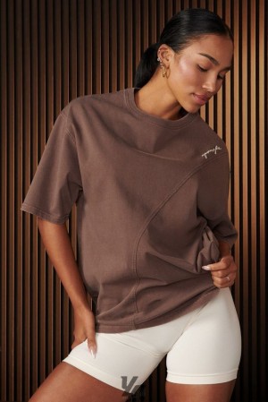 Tops YoungLA Curve Oversize Tee Mujer Marrones Oscuro Azules | 73EPQWABN