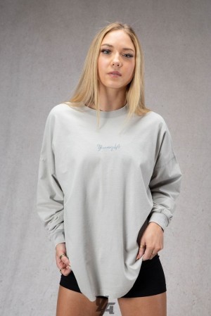Tops YoungLA Retro Long Sleeve Mujer Gris Claro Azules | 61SQTEAWF