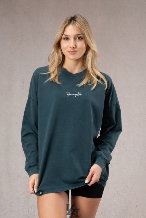 Tops YoungLA Retro Long Sleeve Mujer Turquesa Azules | 60MUWOHDZ
